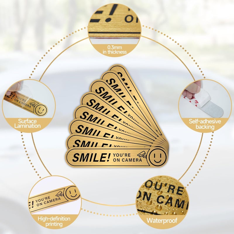 LUHIMO 8PCS Smile You're On Camera Sticker for Car, Self Adhesive Brushed Gold Durable Video Surveillance Sign Sticker, Security Camera Sign for Home, Business, Vehicles and Window（5" x 1"） - Image 3